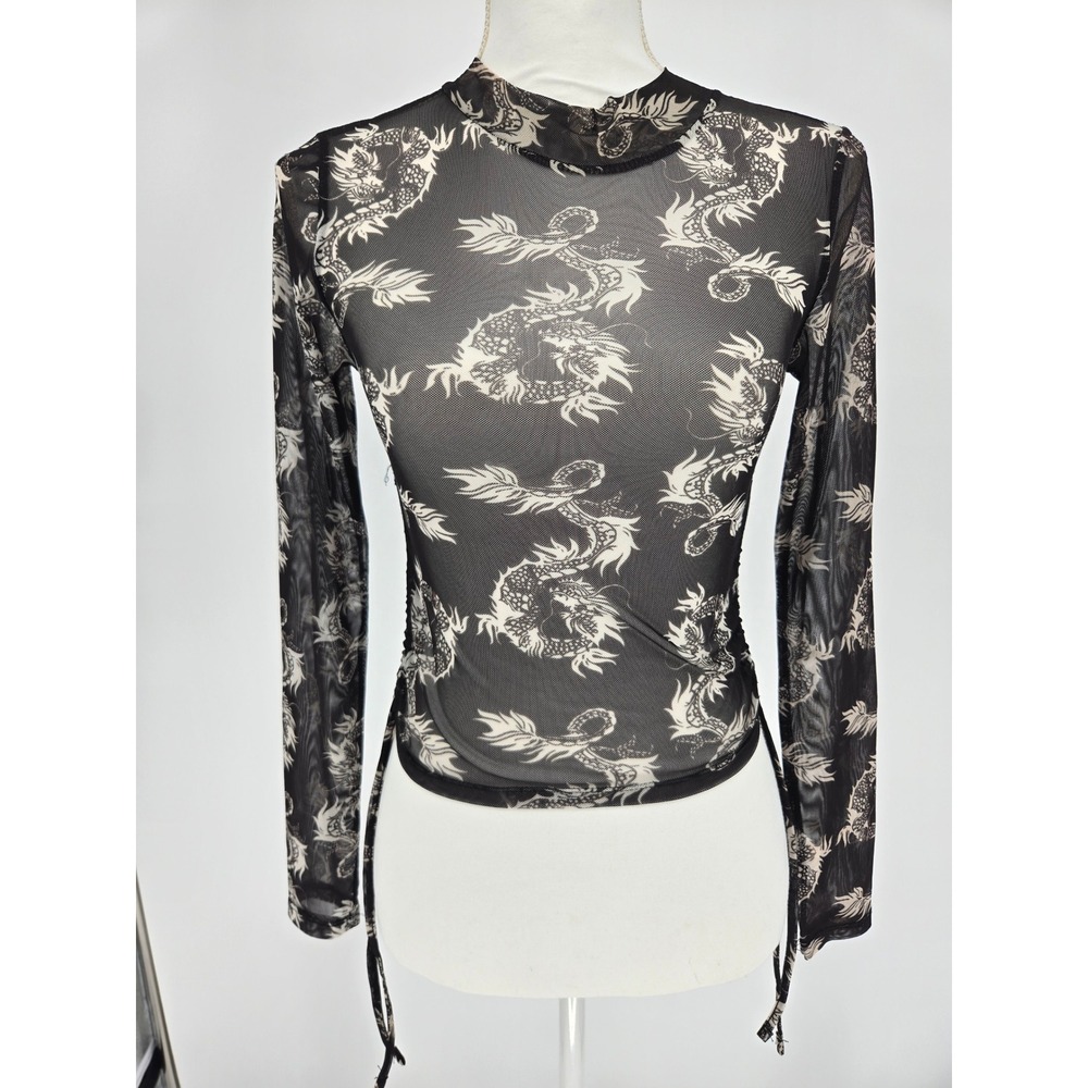 Forever 21 Womens Black White Dragon Print Sheer Mesh Mock Neck Ruched Top S